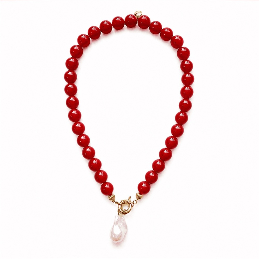 Bold Red Beaded Necklace with Pearl Pendant